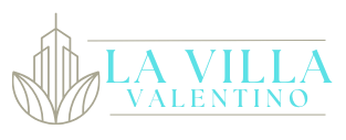 A logo with the text "LA VILLA VALENTINO" and a graphic of a stylized flower or plant.